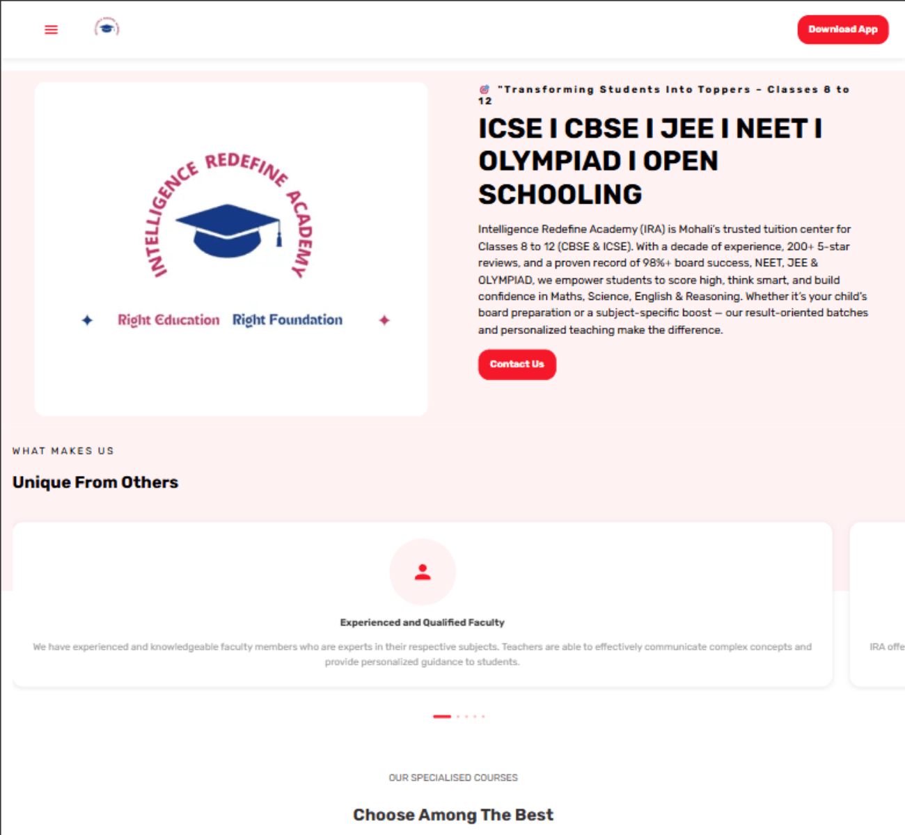IRA Academy website homepage preview